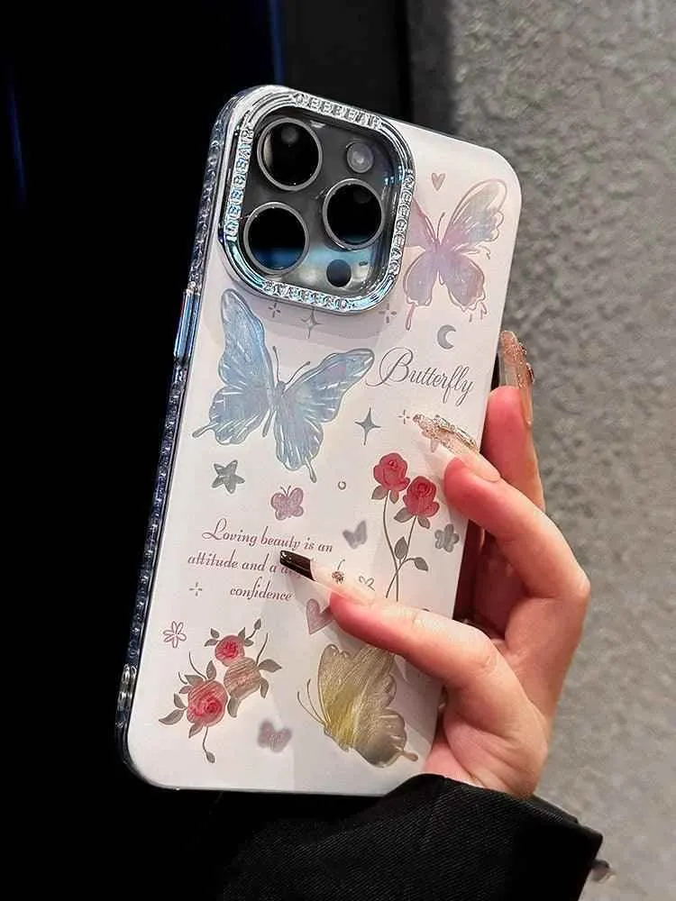 TSP185 Cute Phone Cases For iPhone 15, 14, 11, 12, 13 Pro Max, and 14 Plus - Laser Butterfly, and Shinny Flower Pattern