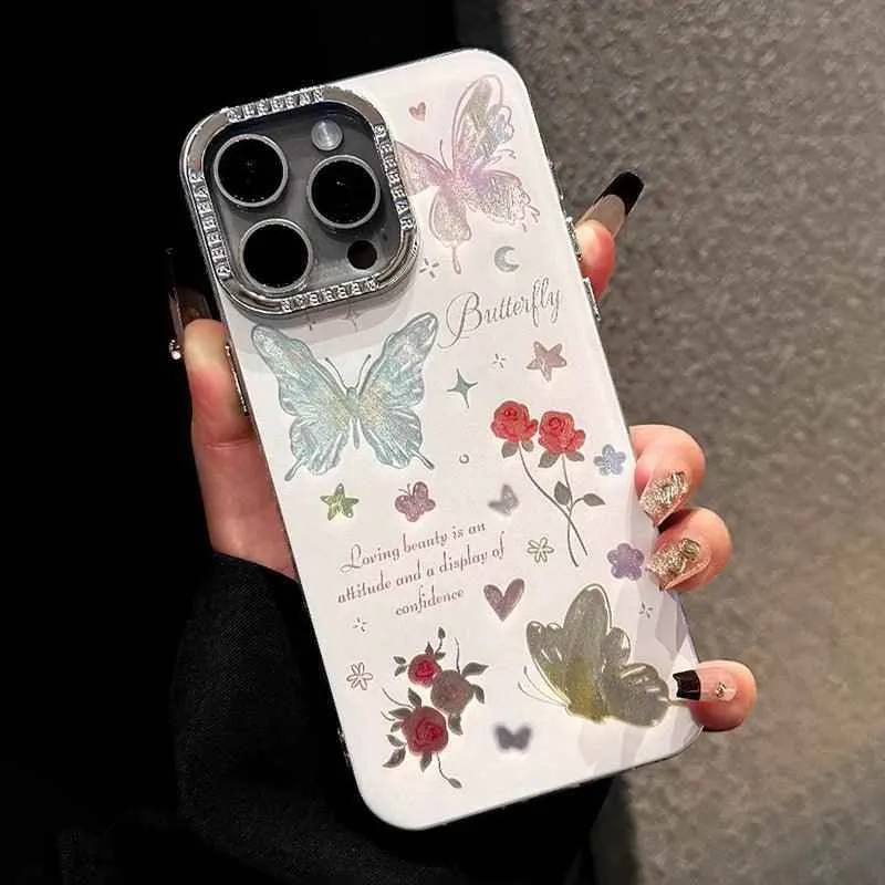 TSP185 Cute Phone Cases For iPhone 15, 14, 11, 12, 13 Pro Max, and 14 Plus - Laser Butterfly, and Shinny Flower Pattern