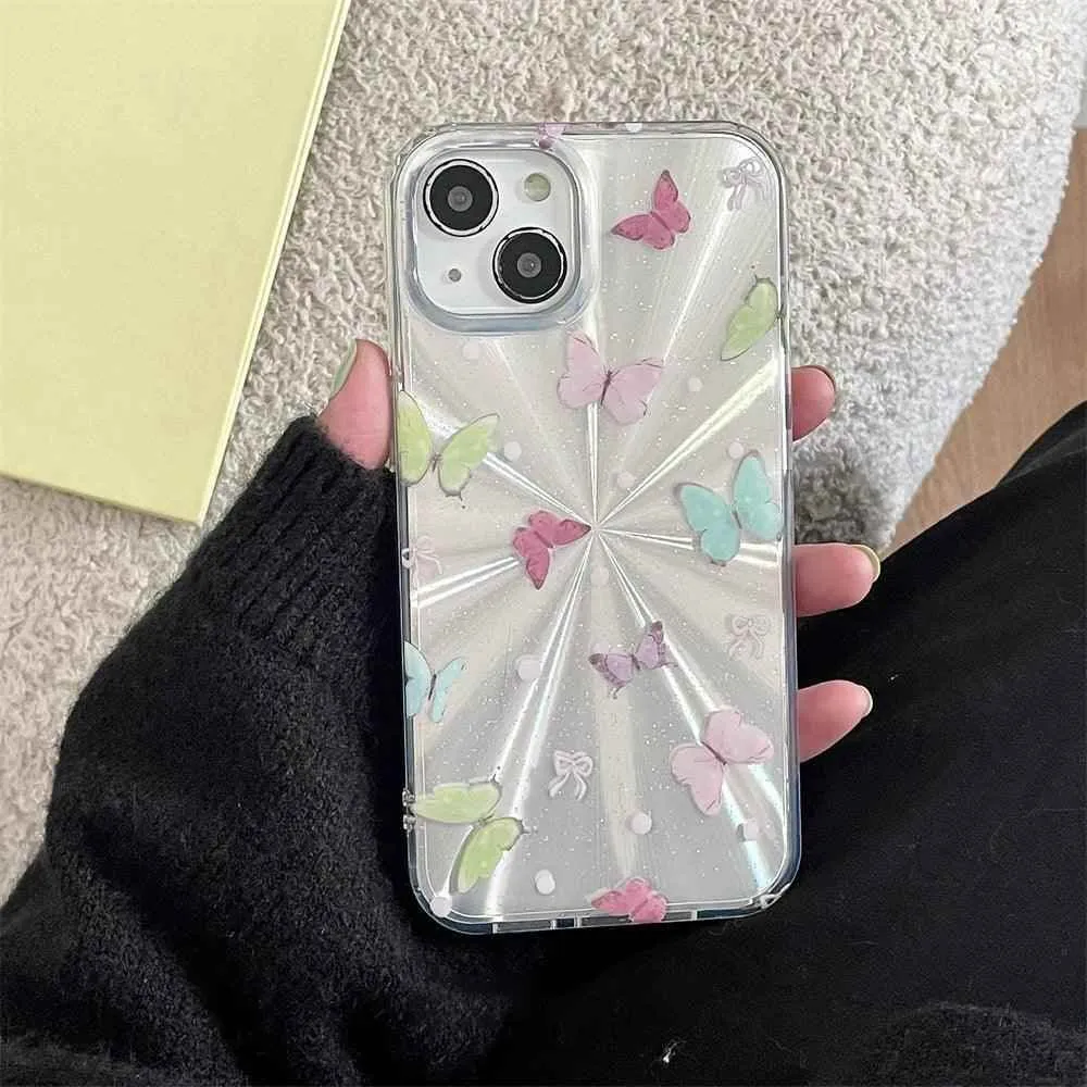 TSP3 Cute Phone Case for iPhone 15, 14, 13, and 12 Pro Max - Laser Colorful Pattern and Pearl Bow Bracelet