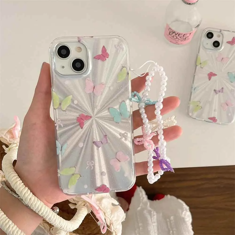 TSP3 Cute Phone Case for iPhone 15, 14, 13, and 12 Pro Max - Laser Colorful Pattern and Pearl Bow Bracelet