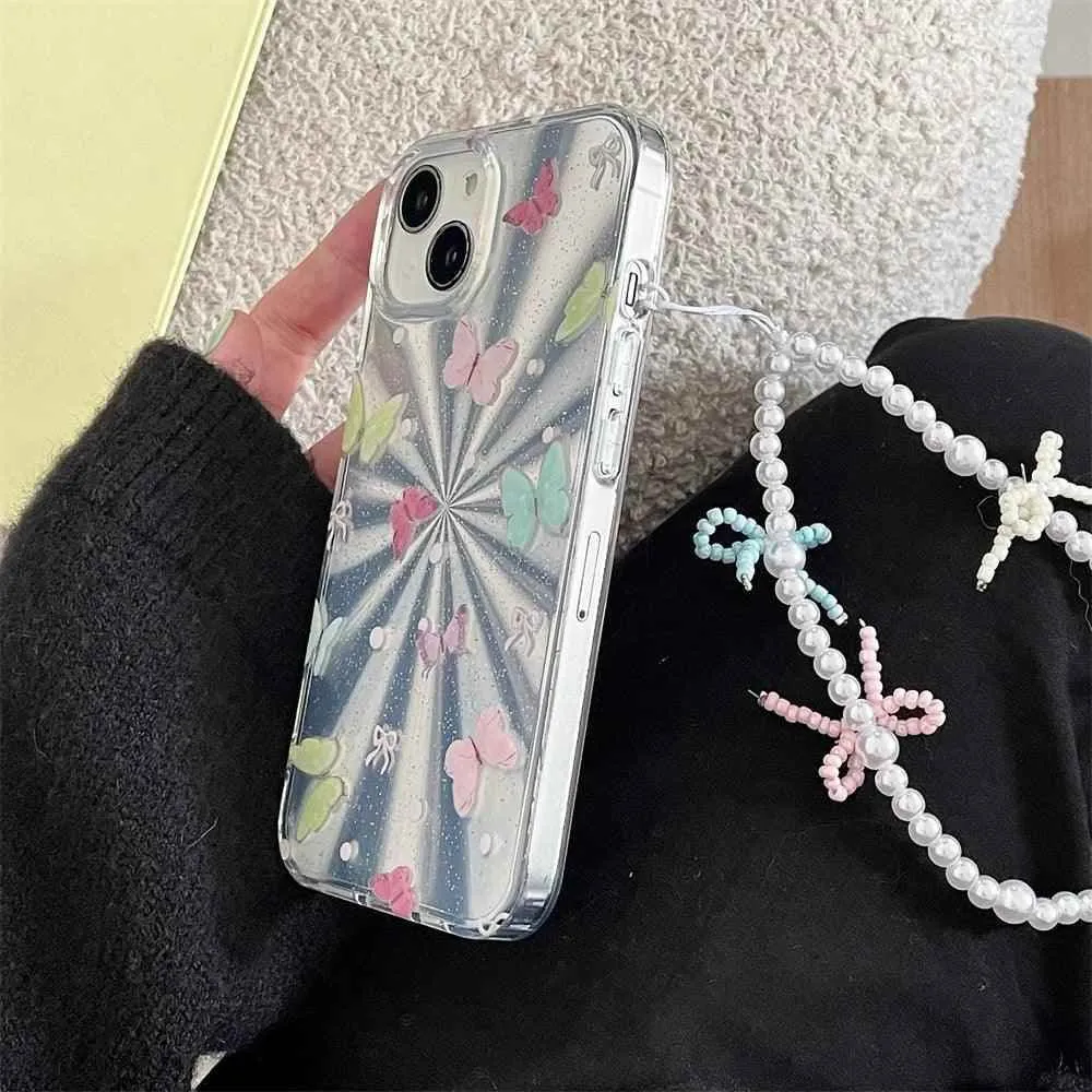 TSP3 Cute Phone Case for iPhone 15, 14, 13, and 12 Pro Max - Laser Colorful Pattern and Pearl Bow Bracelet