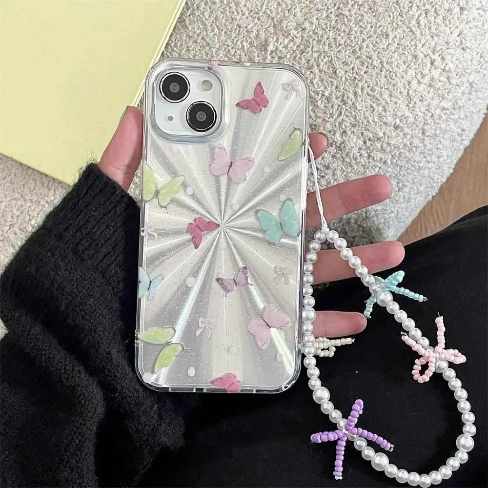 TSP3 Cute Phone Case for iPhone 15, 14, 13, and 12 Pro Max - Laser Colorful Pattern and Pearl Bow Bracelet