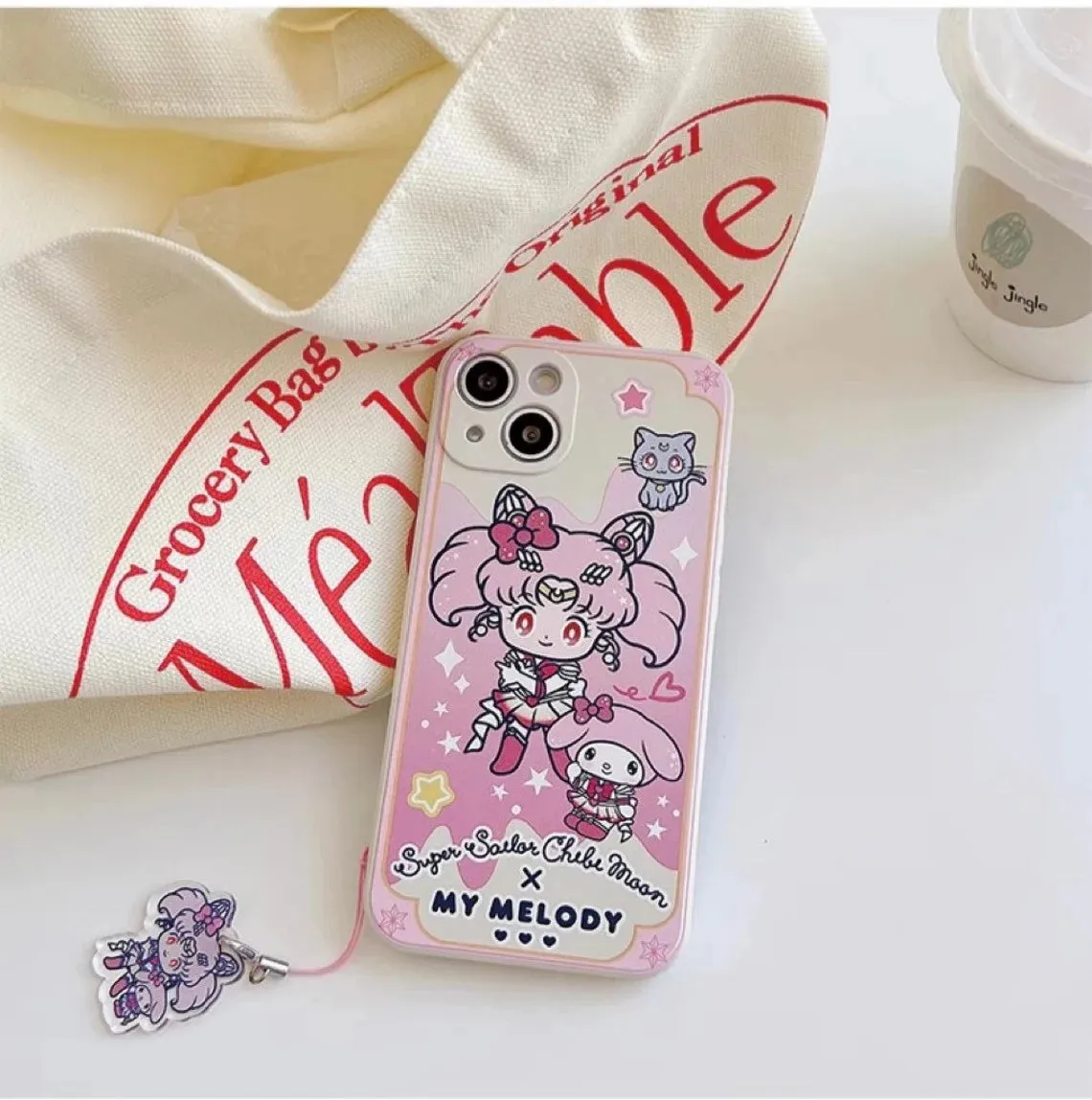 White Sailor Moon with Phone Strap KT MM KU CN PN iPhone Case 6 7 8 PLUS SE2 XS XR X 11 12 13 14 15 16 Pro Promax 12mini 13mini