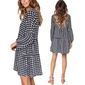 Woman V-Neck Cotton Plaid Printed Long Sleeve Puff Sleeve Dress