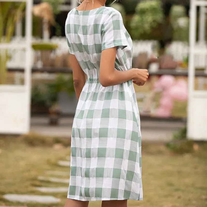 Women Plaid Round Neck High Waist Short Sleeve Casual Dress