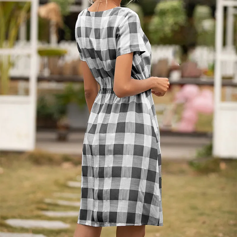 Women Plaid Round Neck High Waist Short Sleeve Casual Dress