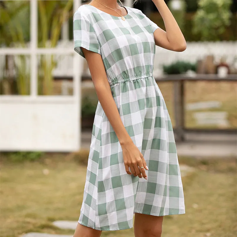 Women Plaid Round Neck High Waist Short Sleeve Casual Dress