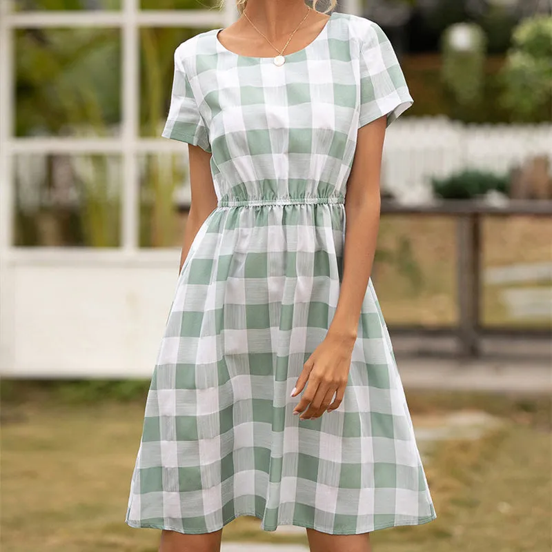 Women Plaid Round Neck High Waist Short Sleeve Casual Dress