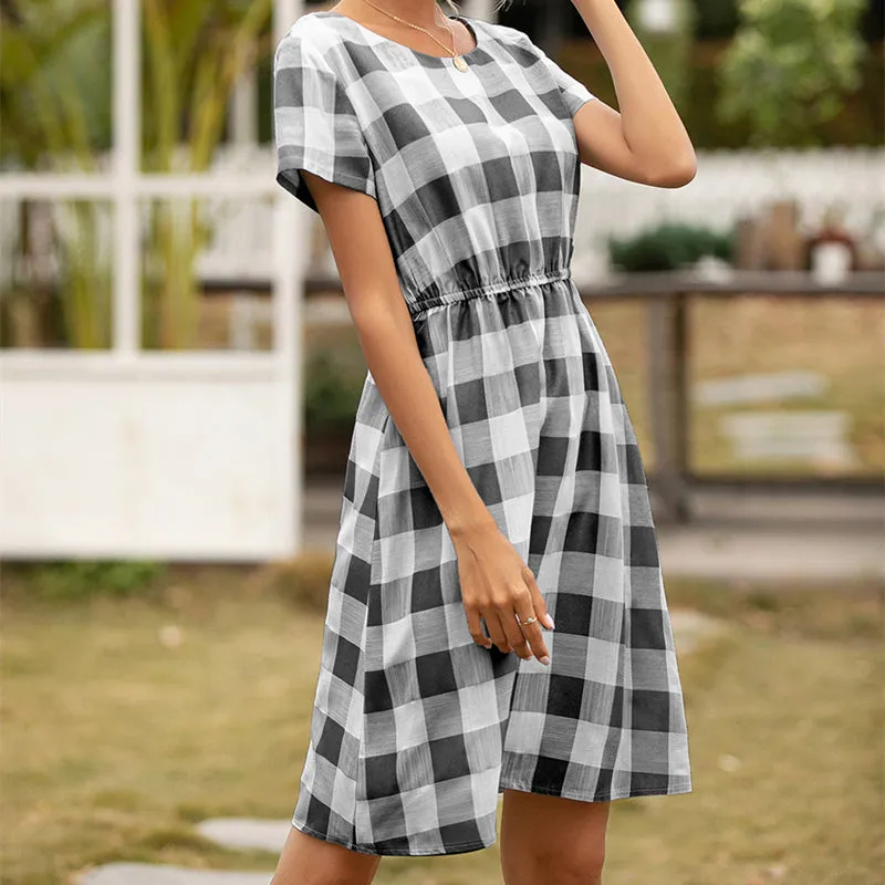 Women Plaid Round Neck High Waist Short Sleeve Casual Dress