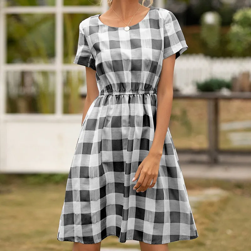 Women Plaid Round Neck High Waist Short Sleeve Casual Dress