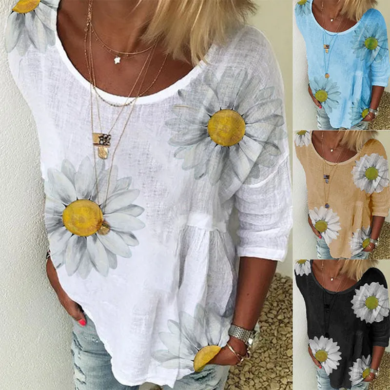 Women Round-neck Sunflower Printed 3/4 Sleeve Casual Fashion T-Shirt