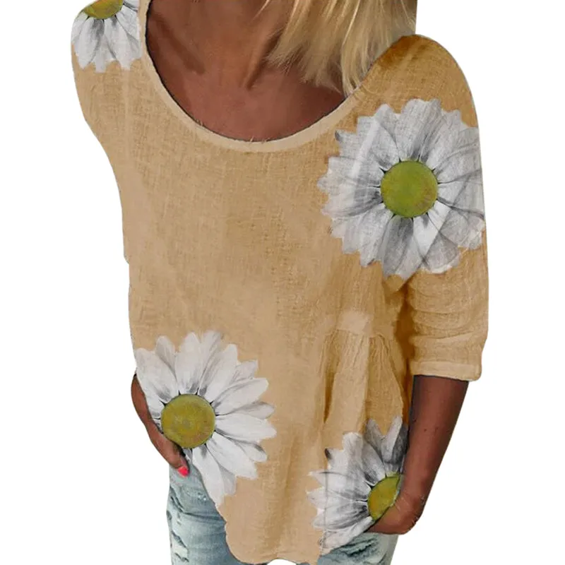 Women Round-neck Sunflower Printed 3/4 Sleeve Casual Fashion T-Shirt