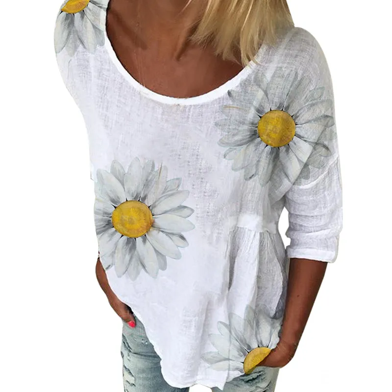 Women Round-neck Sunflower Printed 3/4 Sleeve Casual Fashion T-Shirt