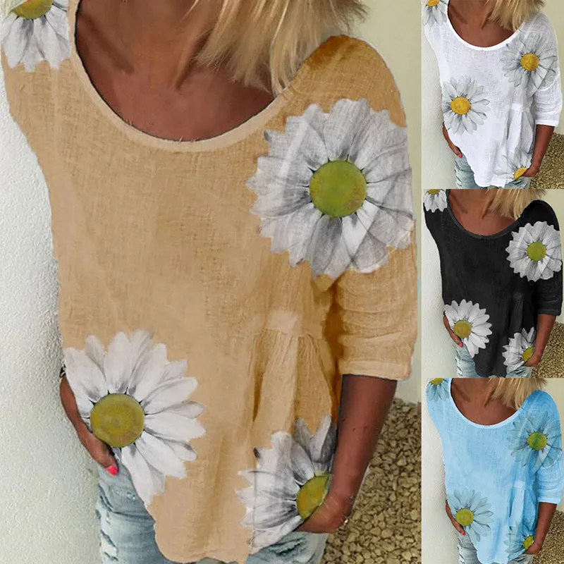 Women Round-neck Sunflower Printed 3/4 Sleeve Casual Fashion T-Shirt