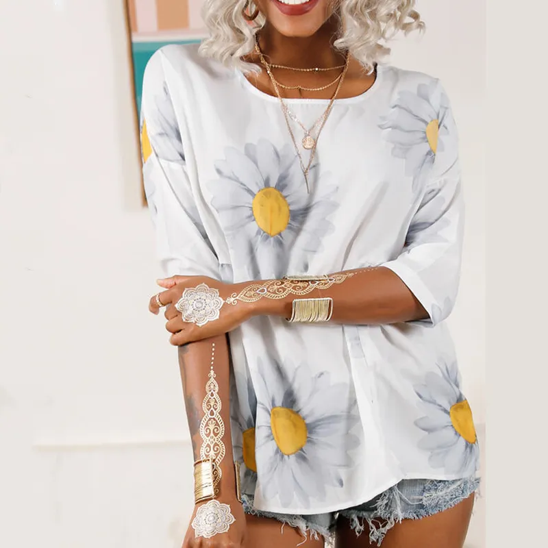 Women Round-neck Sunflower Printed 3/4 Sleeve Casual Fashion T-Shirt