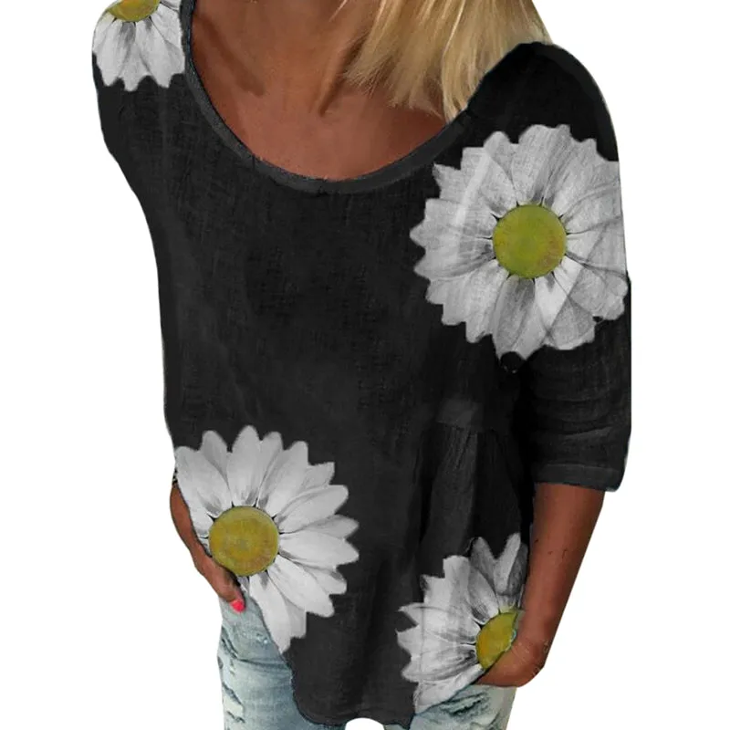 Women Round-neck Sunflower Printed 3/4 Sleeve Casual Fashion T-Shirt