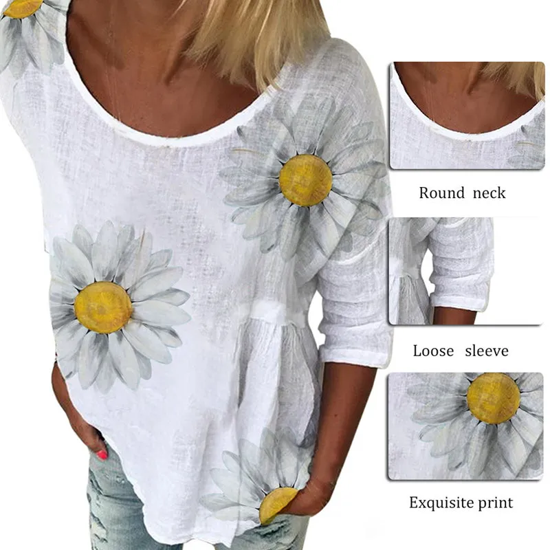 Women Round-neck Sunflower Printed 3/4 Sleeve Casual Fashion T-Shirt