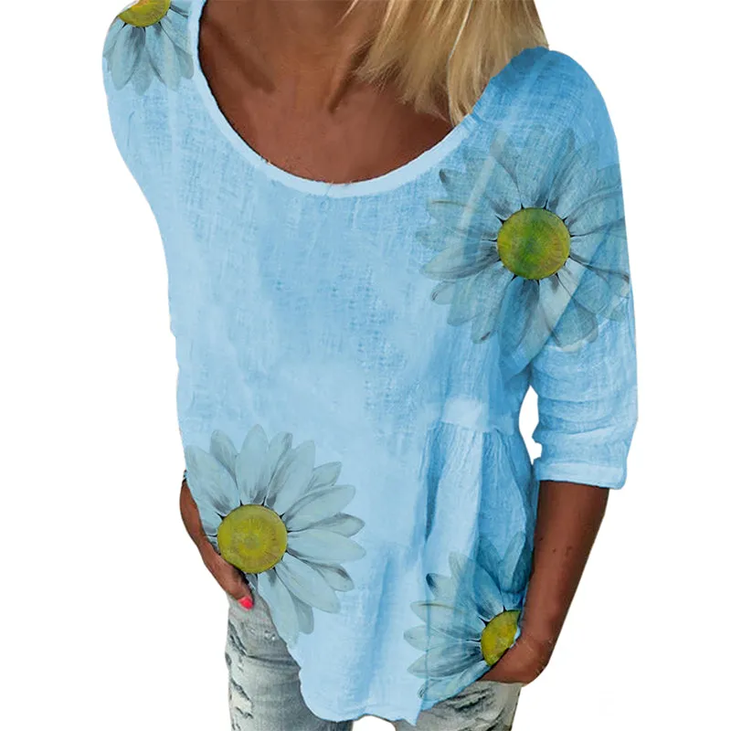 Women Round-neck Sunflower Printed 3/4 Sleeve Casual Fashion T-Shirt