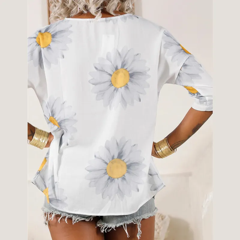 Women Round-neck Sunflower Printed 3/4 Sleeve Casual Fashion T-Shirt