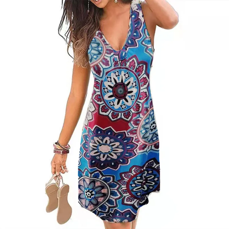 Women Sexy V-neck Sleeveless Element Printed Bohemian Dress