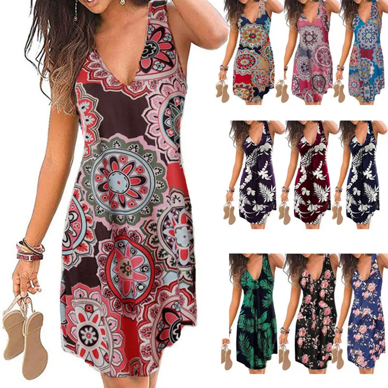 Women Sexy V-neck Sleeveless Element Printed Bohemian Dress