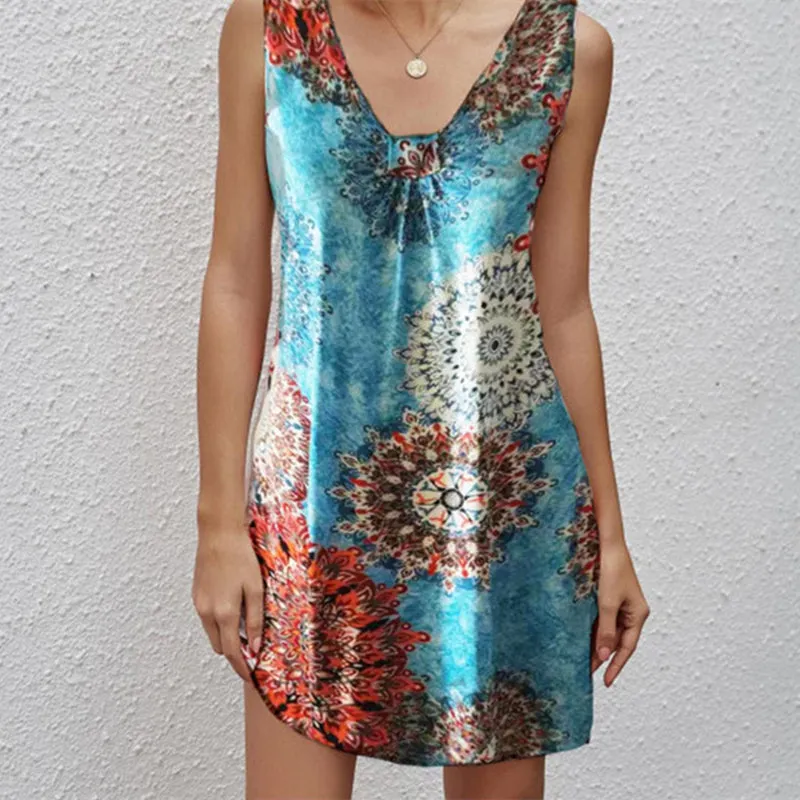 Women Sexy V-neck Sleeveless Element Printed Bohemian Dress