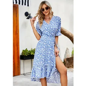 Women V-Neck Chiffon Floral Ruffle Short Sleeve Dress