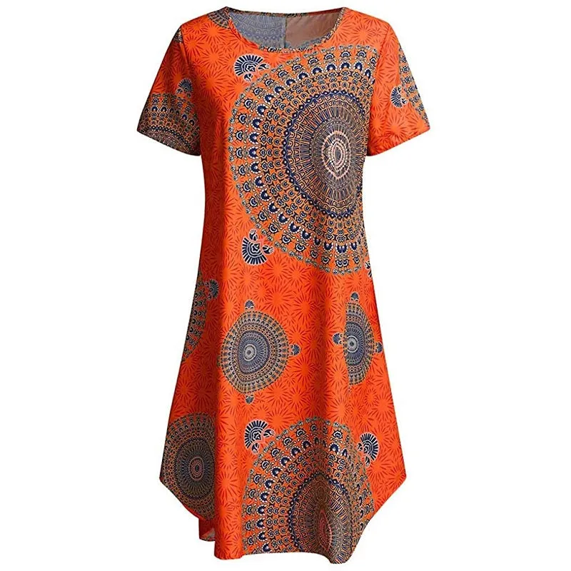 Womens Irregular Dot Print Short-sleeved Boho Loose Dress