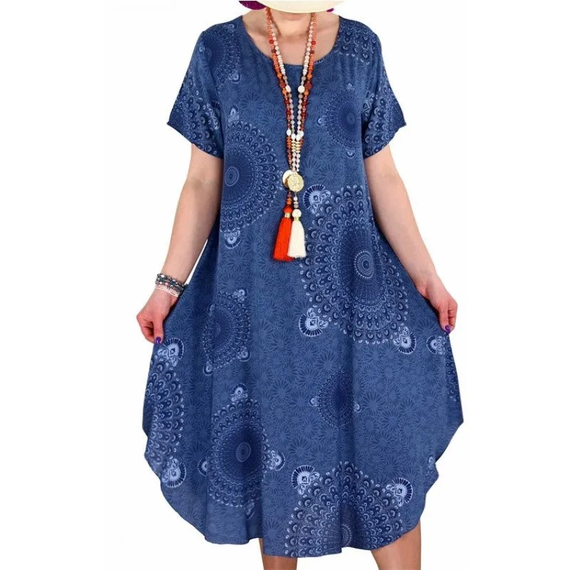 Womens Irregular Dot Print Short-sleeved Boho Loose Dress