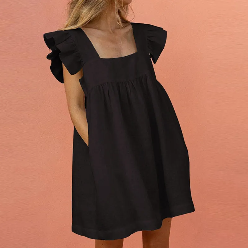 Women's Ruffled Square Collar Short Sleeve Knee Length Dress