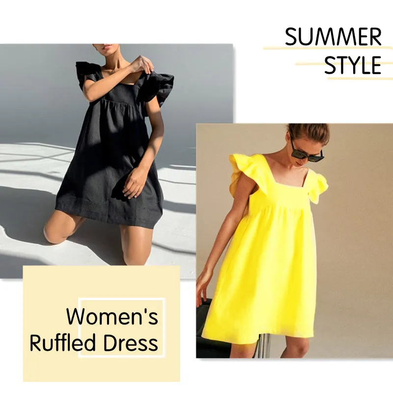 Women's Ruffled Square Collar Short Sleeve Knee Length Dress