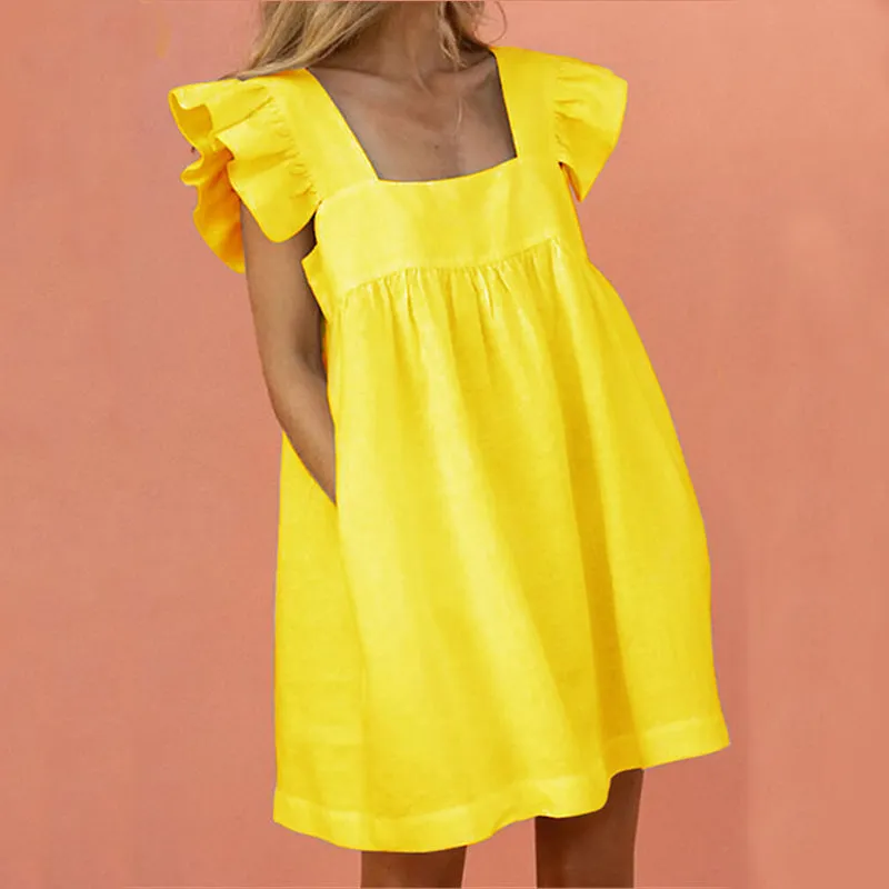 Women's Ruffled Square Collar Short Sleeve Knee Length Dress