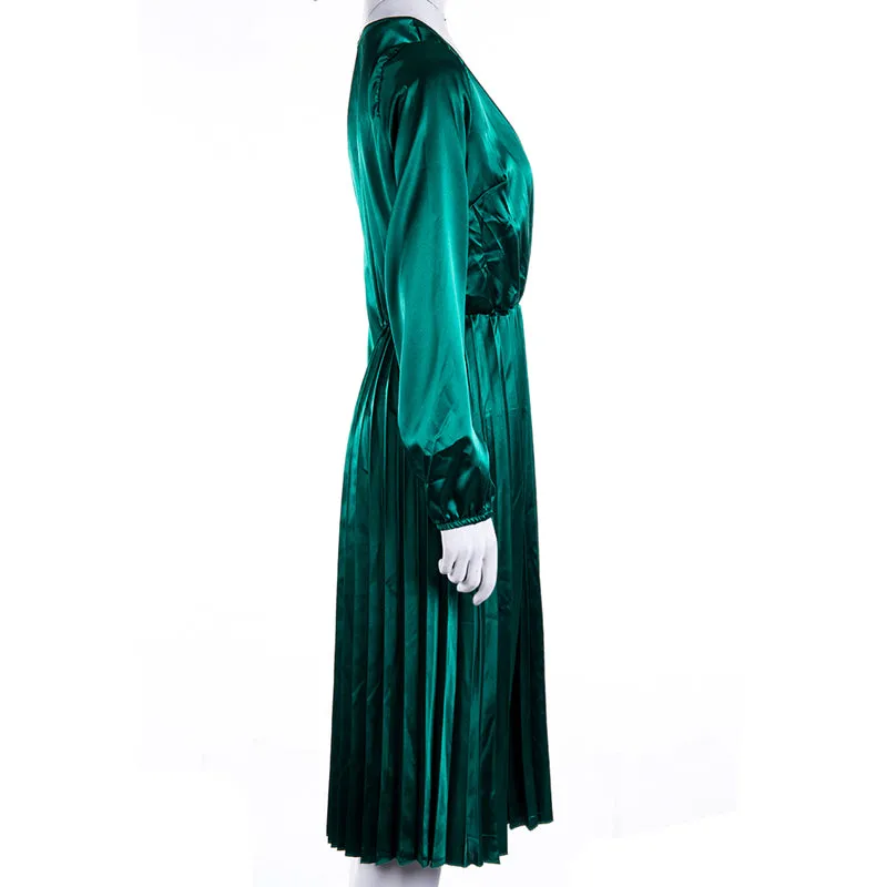 Women's Sexy Off Shoulder Pleated Satin Long Sleeve Dress