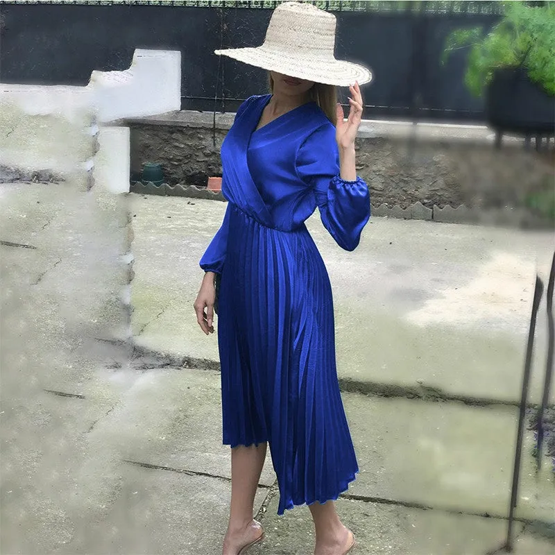 Women's Sexy Off Shoulder Pleated Satin Long Sleeve Dress