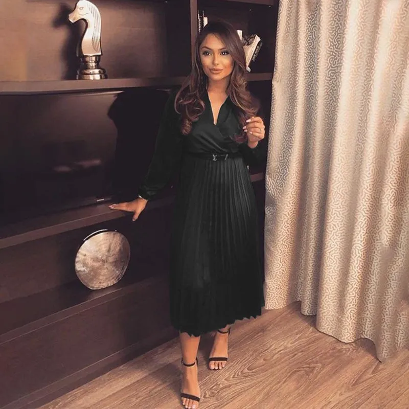 Women's Sexy Off Shoulder Pleated Satin Long Sleeve Dress