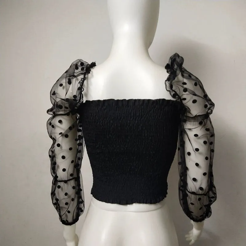 Women's Sexy Square Neck Dot Print Sheer Puff Sleeves Top