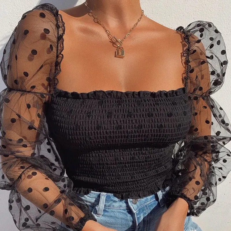 Women's Sexy Square Neck Dot Print Sheer Puff Sleeves Top