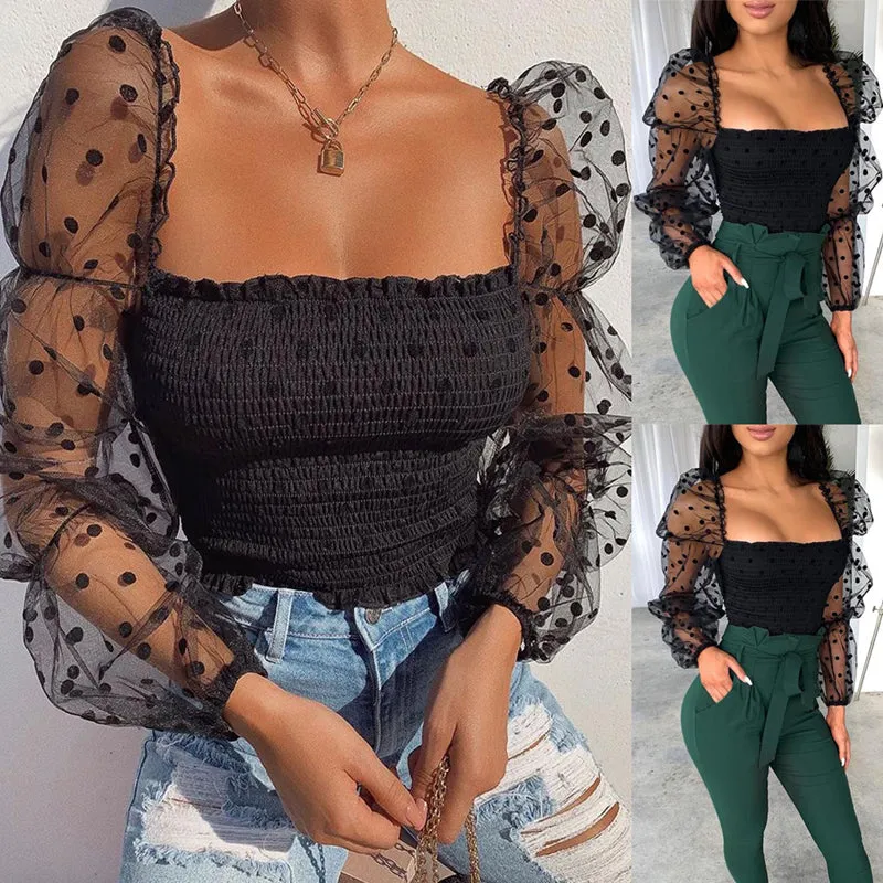 Women's Sexy Square Neck Dot Print Sheer Puff Sleeves Top