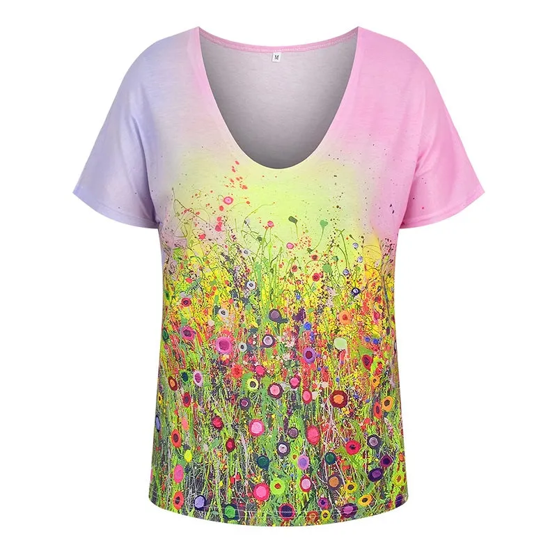 Womens Summer Printed V-Neck Colorful Short Sleeve T-shirt