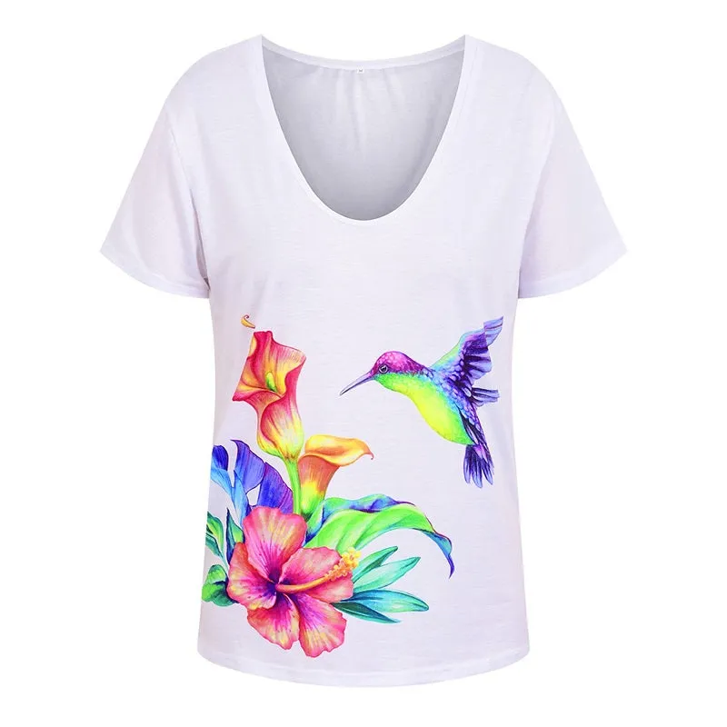 Womens Summer Printed V-Neck Colorful Short Sleeve T-shirt