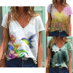 Womens Summer Printed V-Neck Colorful Short Sleeve T-shirt