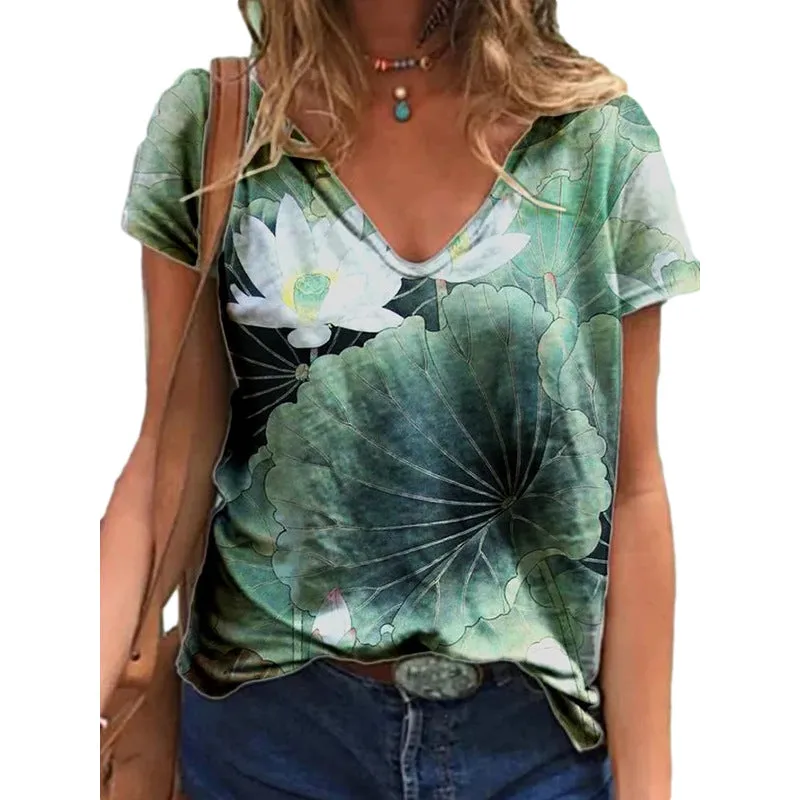 Womens Summer Printed V-Neck Colorful Short Sleeve T-shirt