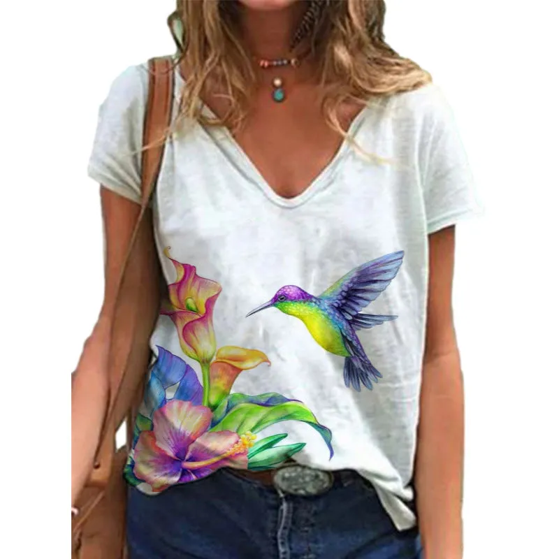 Womens Summer Printed V-Neck Colorful Short Sleeve T-shirt