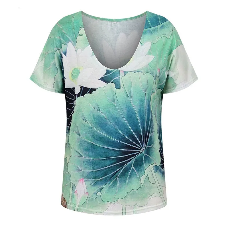 Womens Summer Printed V-Neck Colorful Short Sleeve T-shirt