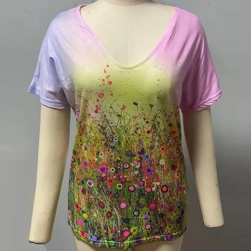 Womens Summer Printed V-Neck Colorful Short Sleeve T-shirt