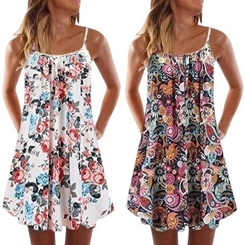 Womens Summer Sexy Floral Print Sleeveless Straps Dress