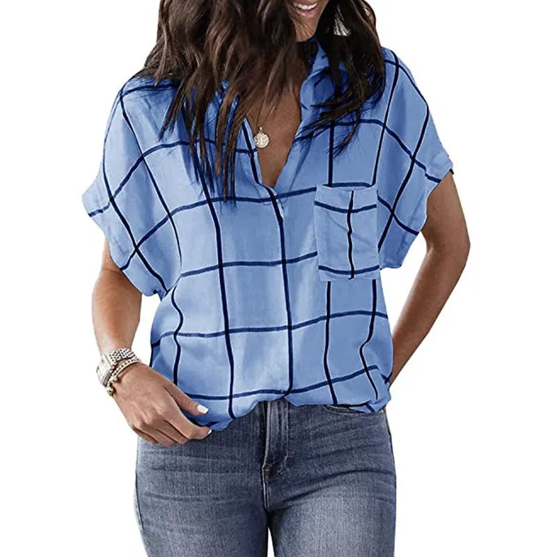 Womens V-Neck Plaid Print Short Sleeve T-Shirt with Pocket