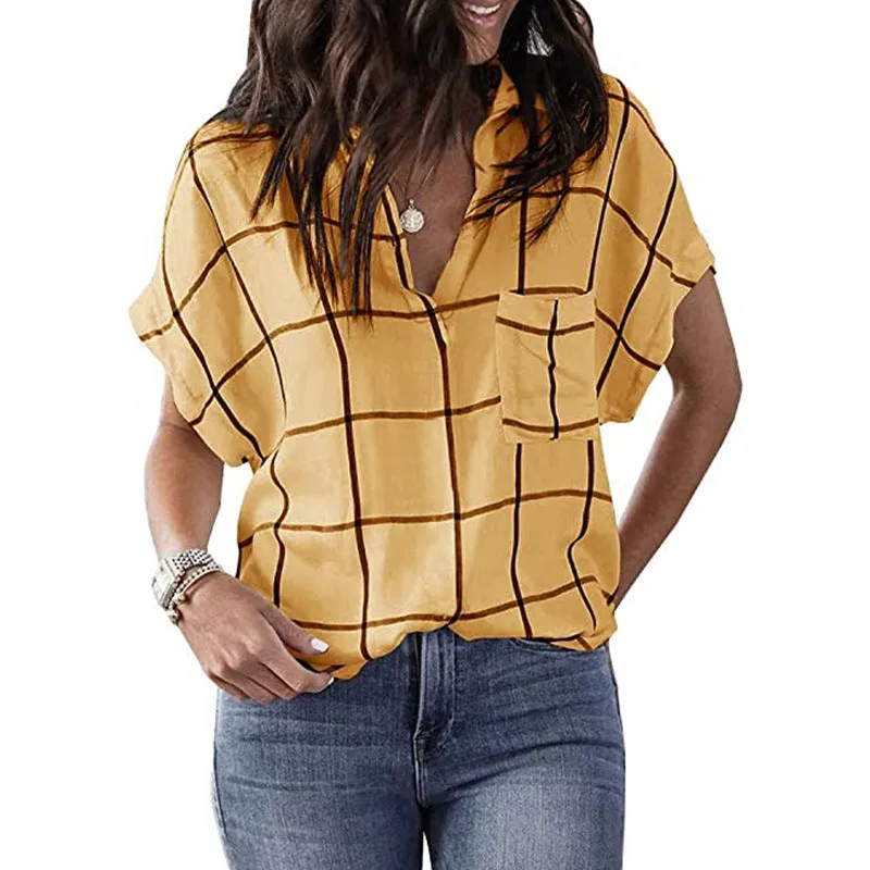 Womens V-Neck Plaid Print Short Sleeve T-Shirt with Pocket