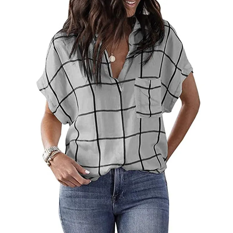 Womens V-Neck Plaid Print Short Sleeve T-Shirt with Pocket