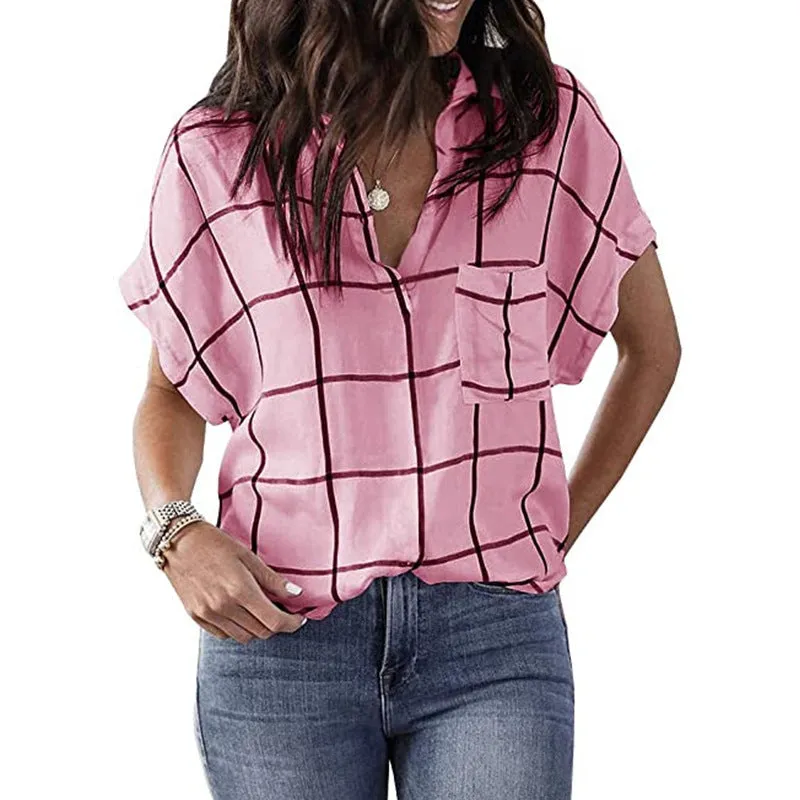 Womens V-Neck Plaid Print Short Sleeve T-Shirt with Pocket